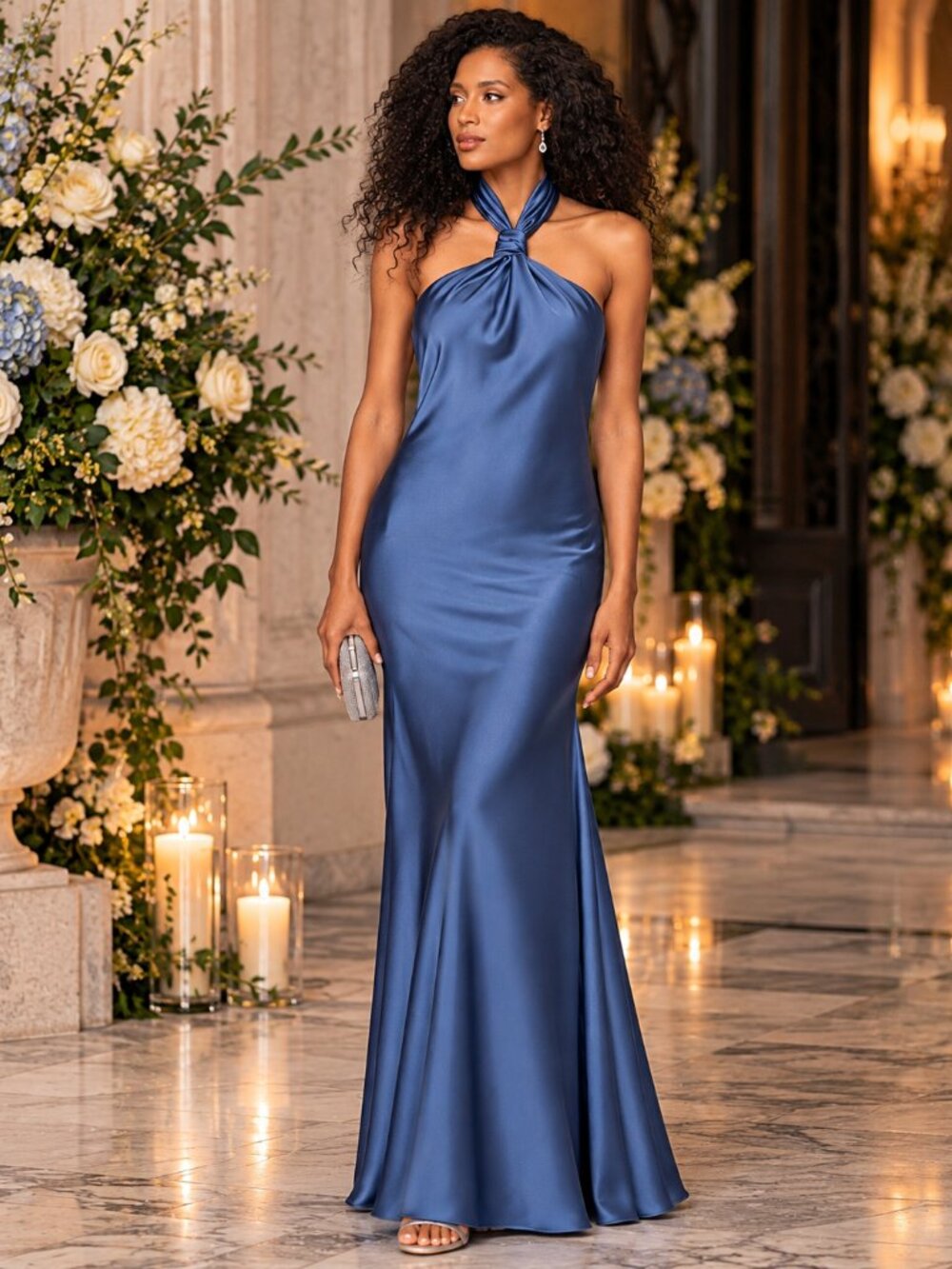 Adrianna Papell Size 2P Blue Satin Halter Open Back Formal Maxi Gown NWT